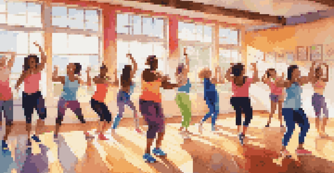 A lively Zumba class with diverse participants dancing energetically in a bright studio.