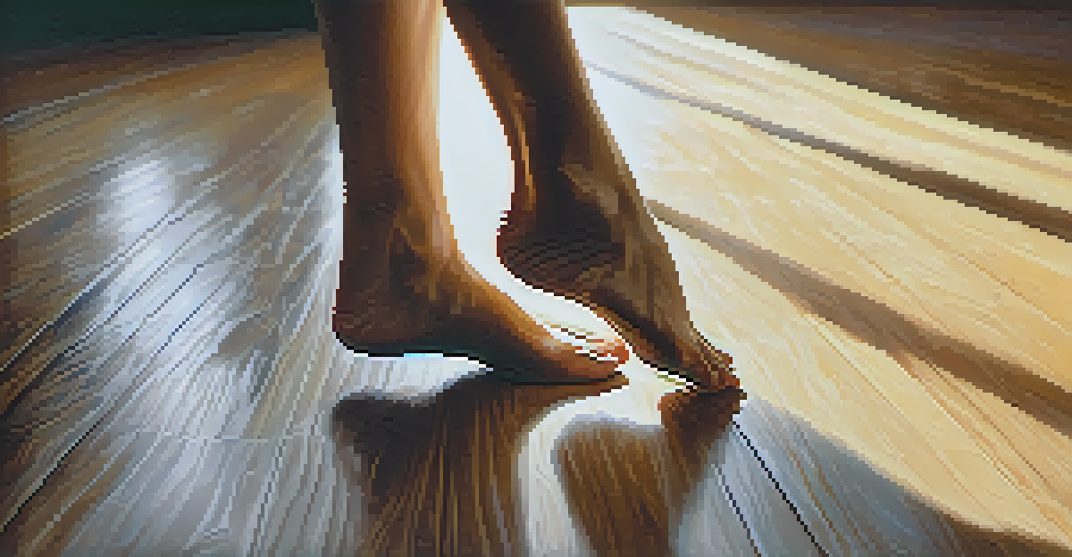 Close-up of a dancer's feet moving gracefully on a textured wooden floor, symbolizing self-discovery.