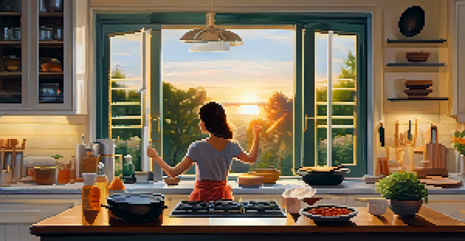 A person dancing joyfully in a cozy living room while cooking, with a sunset outside.