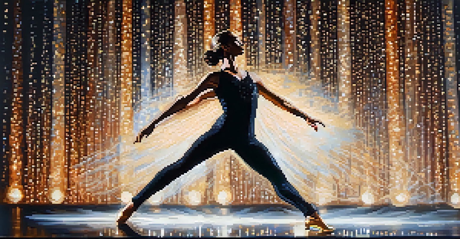 Two contemporary dancers in dynamic poses, one in a sequined outfit and the other in a flowing garment, against a dark background.
