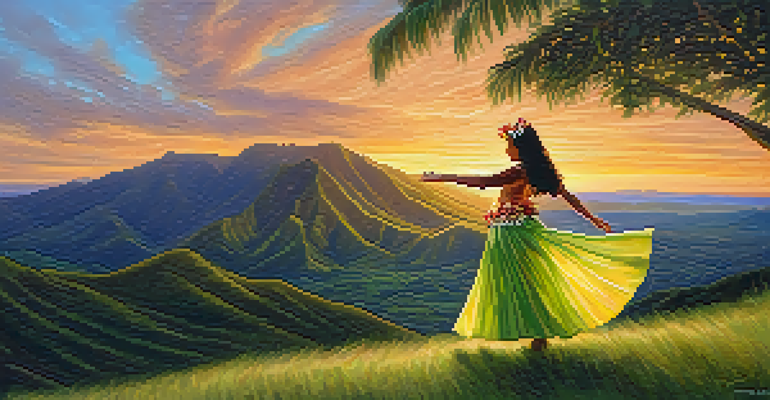 A hula dancer performing gracefully against a backdrop of Hawaiian mountains and a sunset sky, wearing a flower lei and flowing skirt.