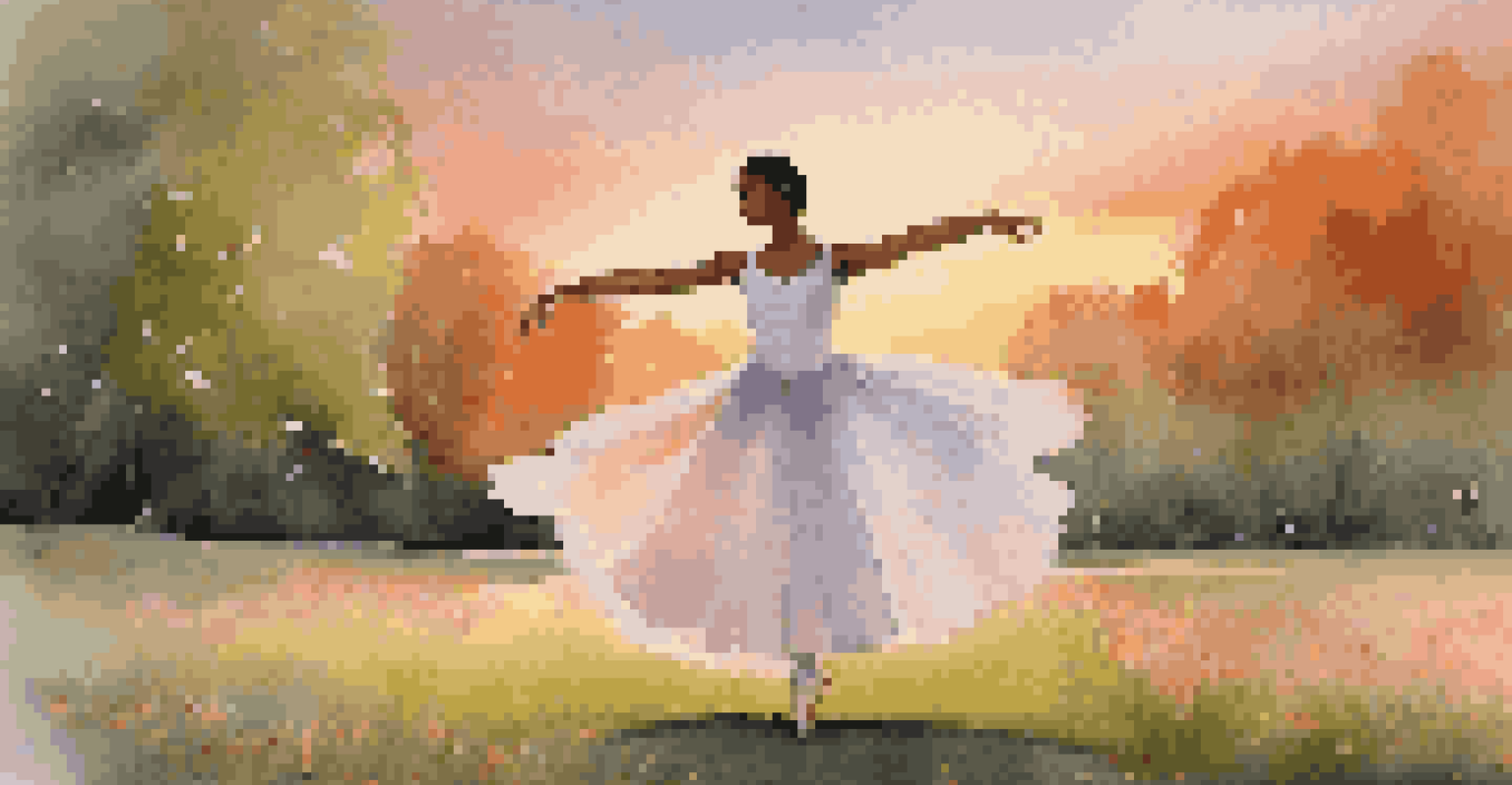 A young girl practicing ballet in a park at sunset, surrounded by flowers and a colorful sky.