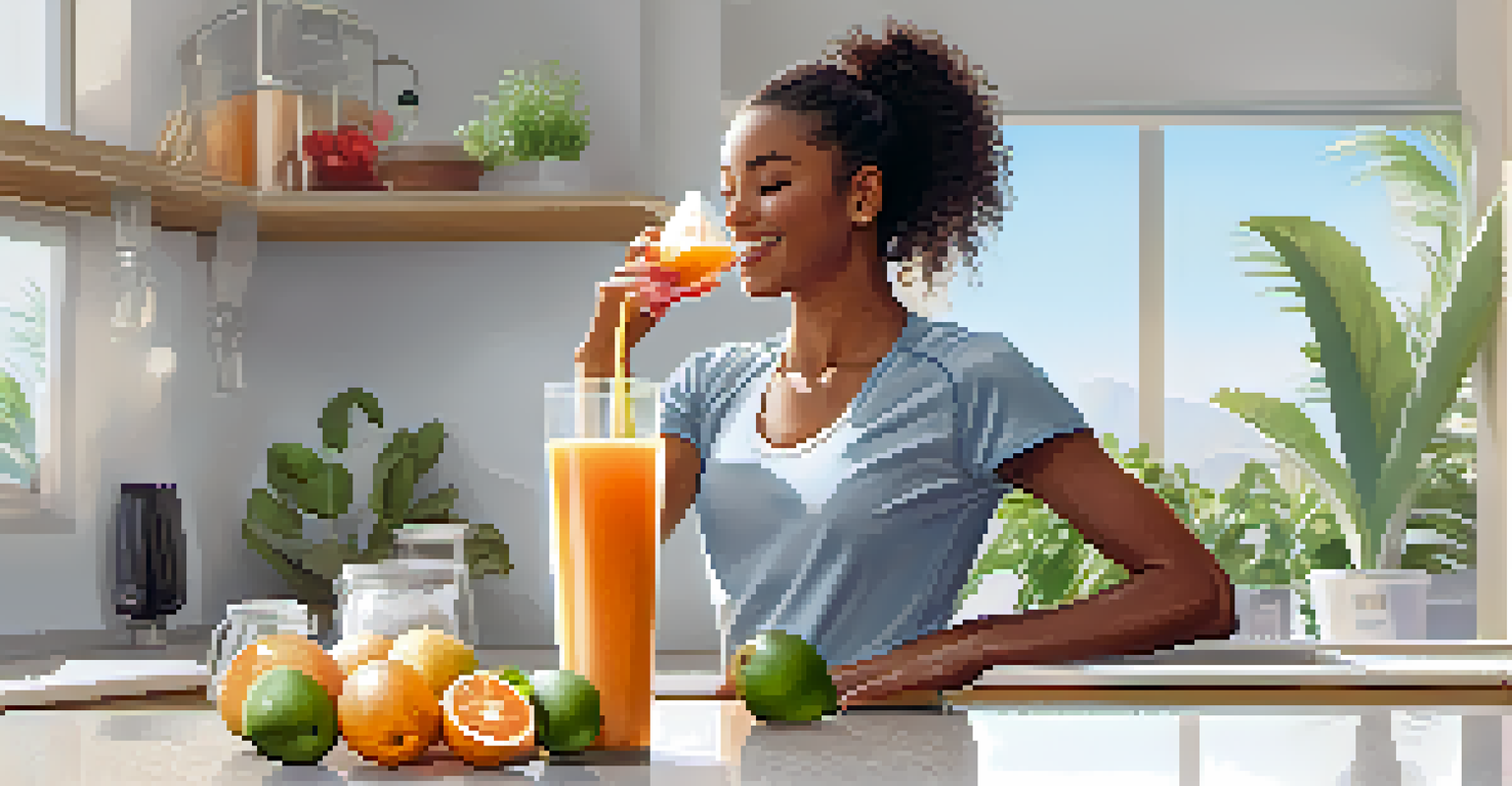 A dancer enjoying a smoothie in a bright kitchen after a performance, emphasizing the importance of hydration.