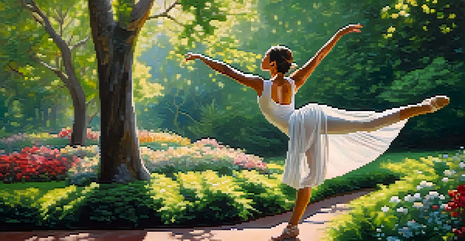 A woman practicing contemporary dance in a quiet park, mid-leap surrounded by greenery and flowers.