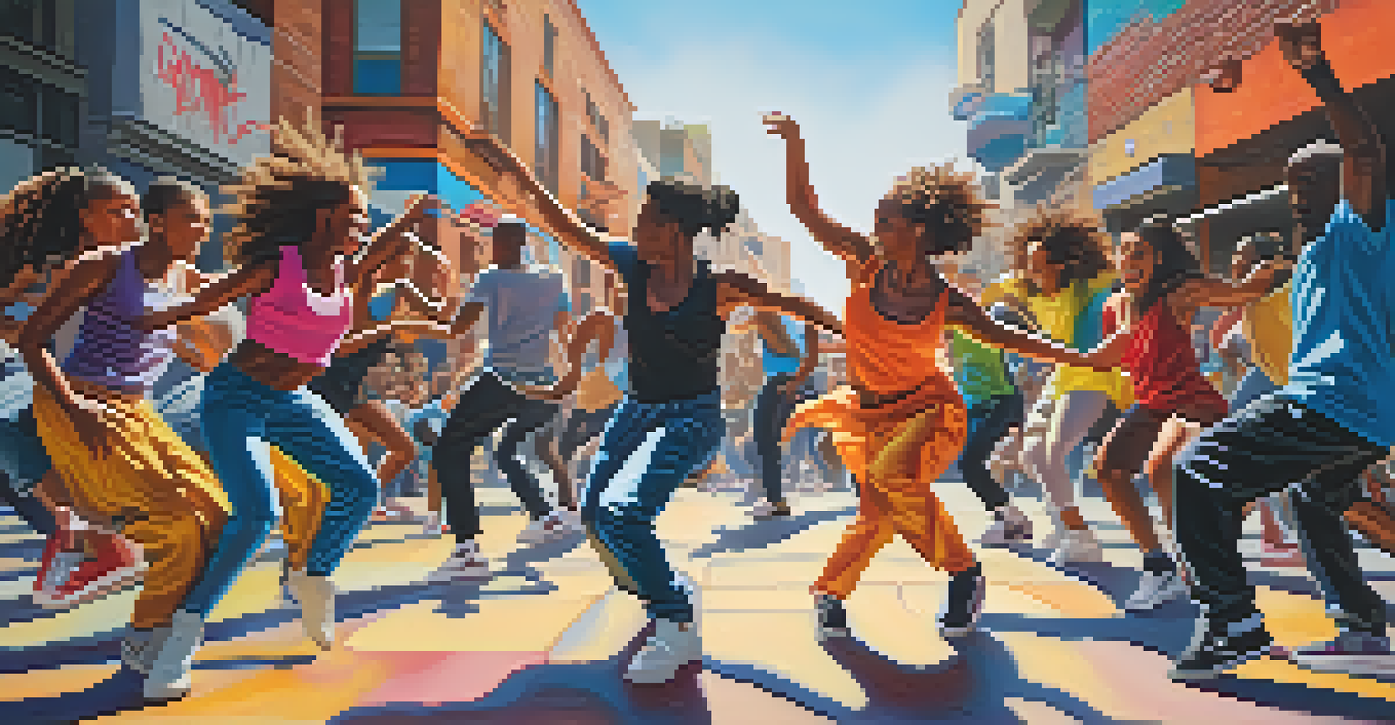 A diverse group of street dancers performing in an urban setting with colorful graffiti.