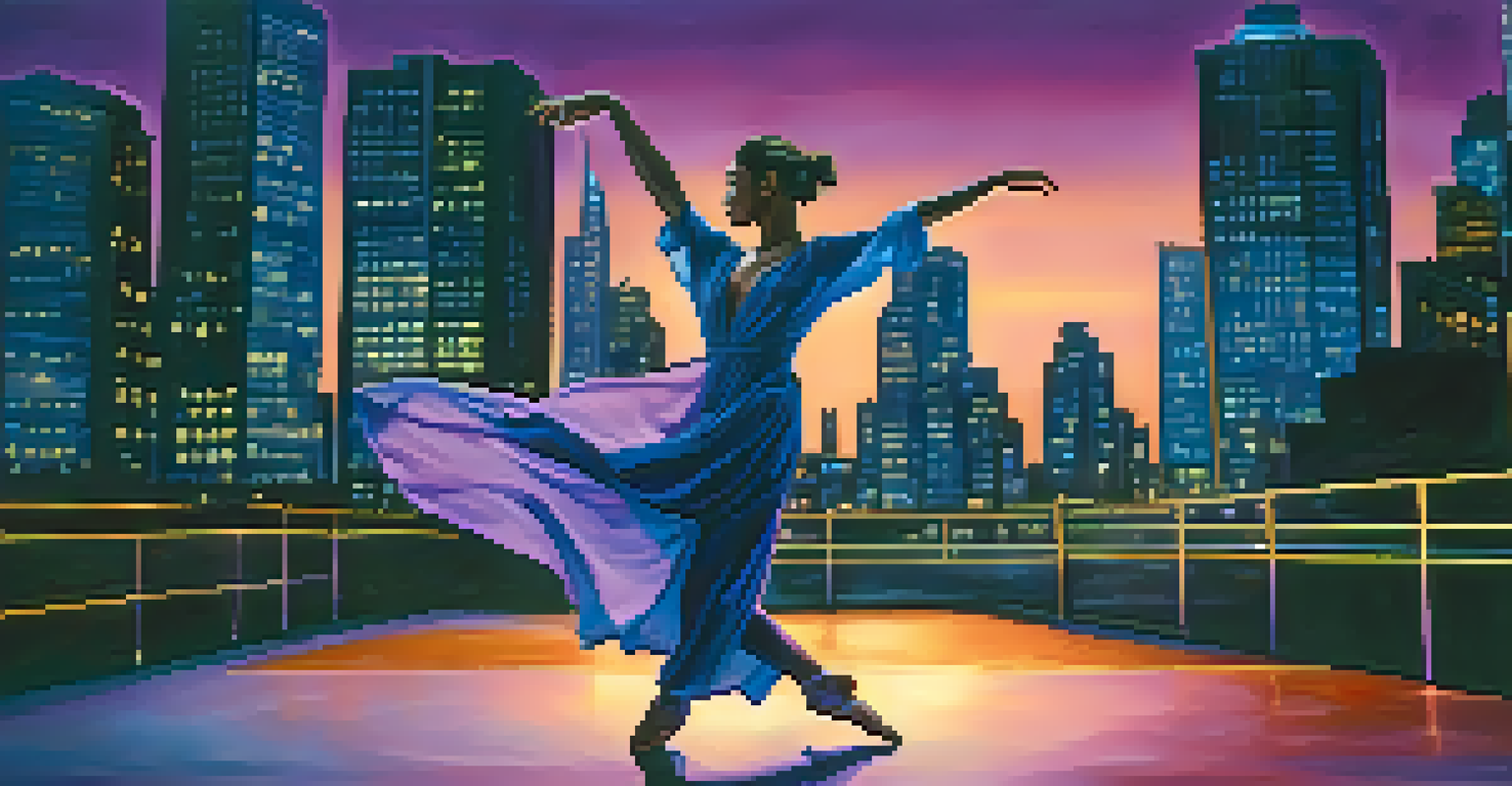 A contemporary dancer performing in an urban setting at dusk, with city lights in the background and a dynamic pose.