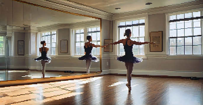A dancer poses in a sunlit dance studio, their reflection visible in a large mirror, surrounded by a warm wooden floor and motivational quotes on the walls.