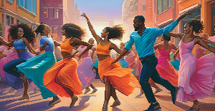 A diverse group of dancers performing joyfully in a colorful urban setting during sunset, showcasing various dance styles.