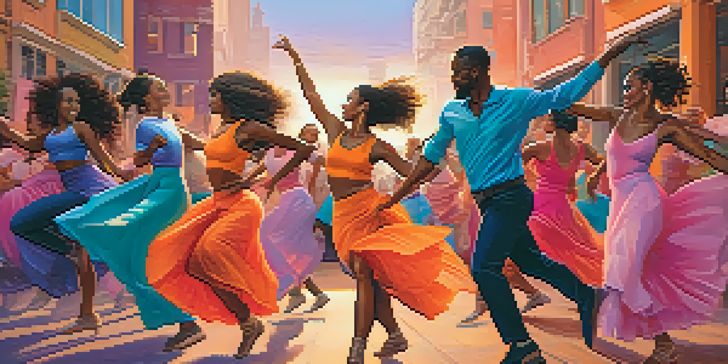 A diverse group of dancers performing joyfully in a colorful urban setting during sunset, showcasing various dance styles.