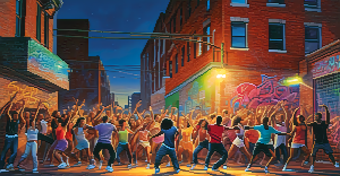 A lively urban dance scene with diverse dancers performing hip-hop under city lights, surrounded by colorful graffiti.