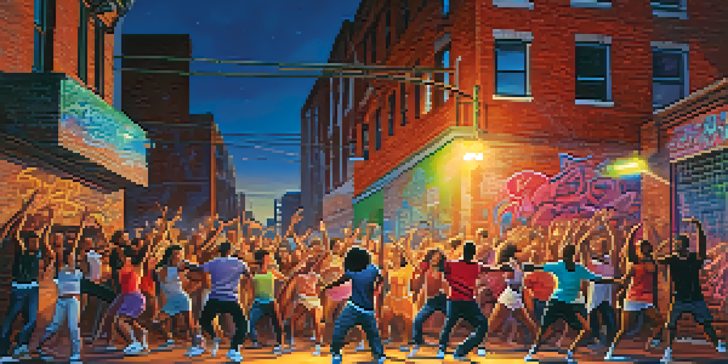 A lively urban dance scene with diverse dancers performing hip-hop under city lights, surrounded by colorful graffiti.