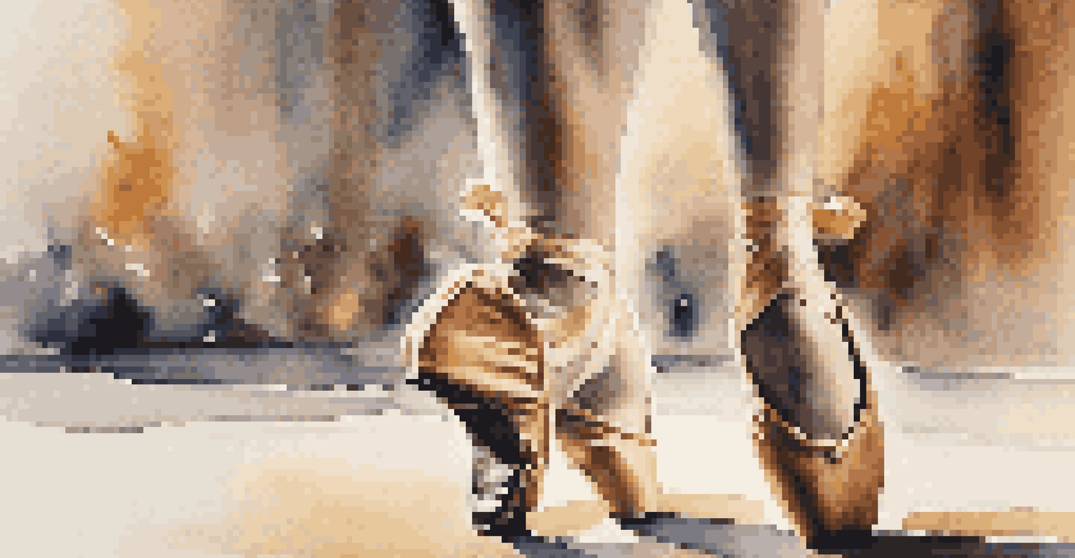 Close-up of a dancer's feet showing intricate footwork on the dance floor, with a blurred background and soft lighting.