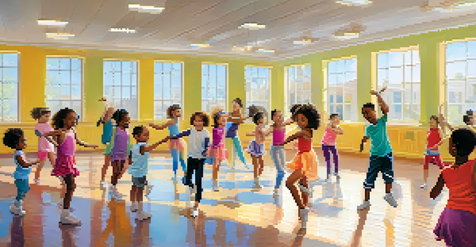 A diverse group of children joyfully dancing in a brightly decorated dance class with mirrors and natural light.