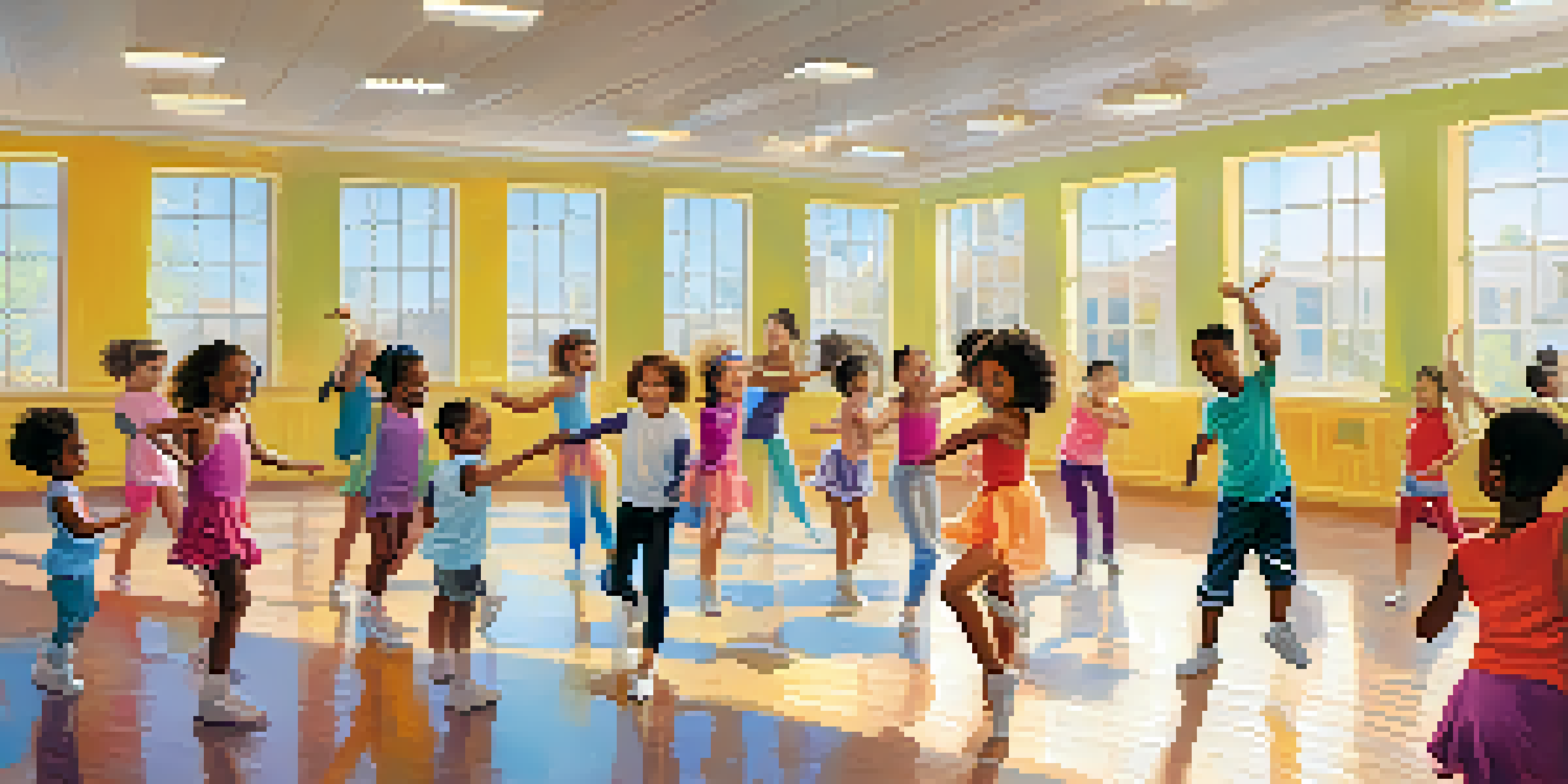 A diverse group of children joyfully dancing in a brightly decorated dance class with mirrors and natural light.