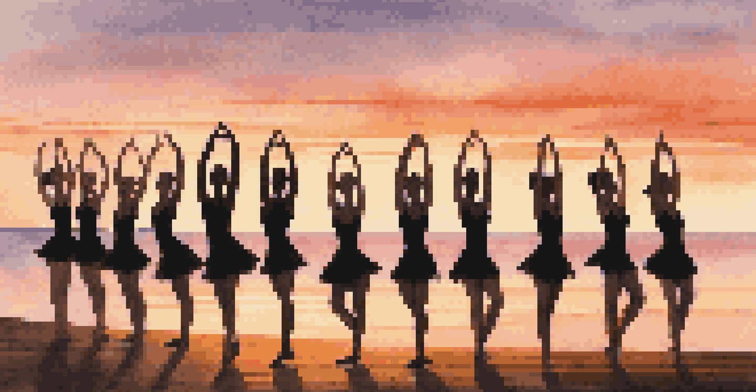 A group of dancers rehearsing contemporary moves on a wooden stage during sunset, with warm colors enhancing the magical atmosphere.