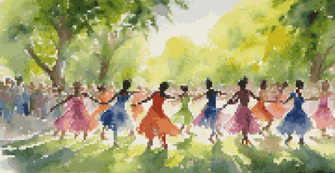 A group of young dancers performing in a green park, wearing colorful clothes and showcasing their passion for environmental activism under sunlight.