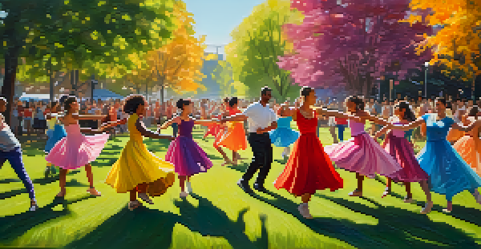 A lively outdoor dance performance with diverse participants joyfully dancing in a park, surrounded by trees and sunlight.