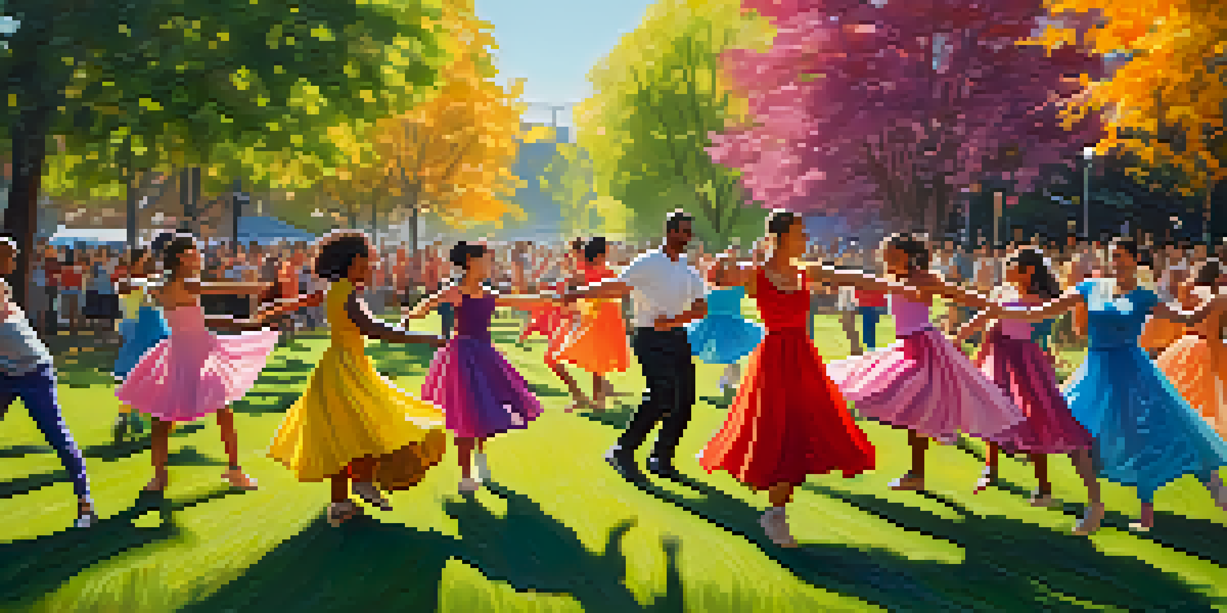 A lively outdoor dance performance with diverse participants joyfully dancing in a park, surrounded by trees and sunlight.