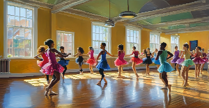 A diverse group of dancers in a bright studio practicing choreography together, emphasizing community and joy in movement.