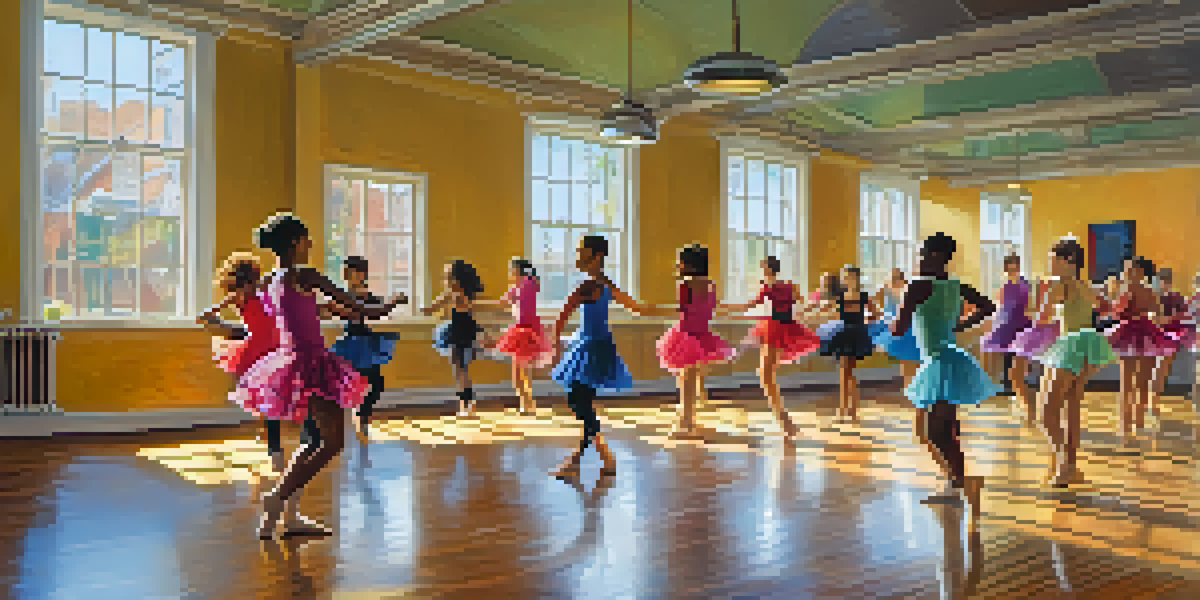 A diverse group of dancers in a bright studio practicing choreography together, emphasizing community and joy in movement.
