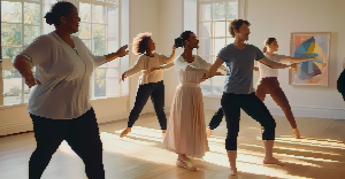 A group of adults participating in a dance therapy session in a bright, sunlit studio, expressing emotions through movement.