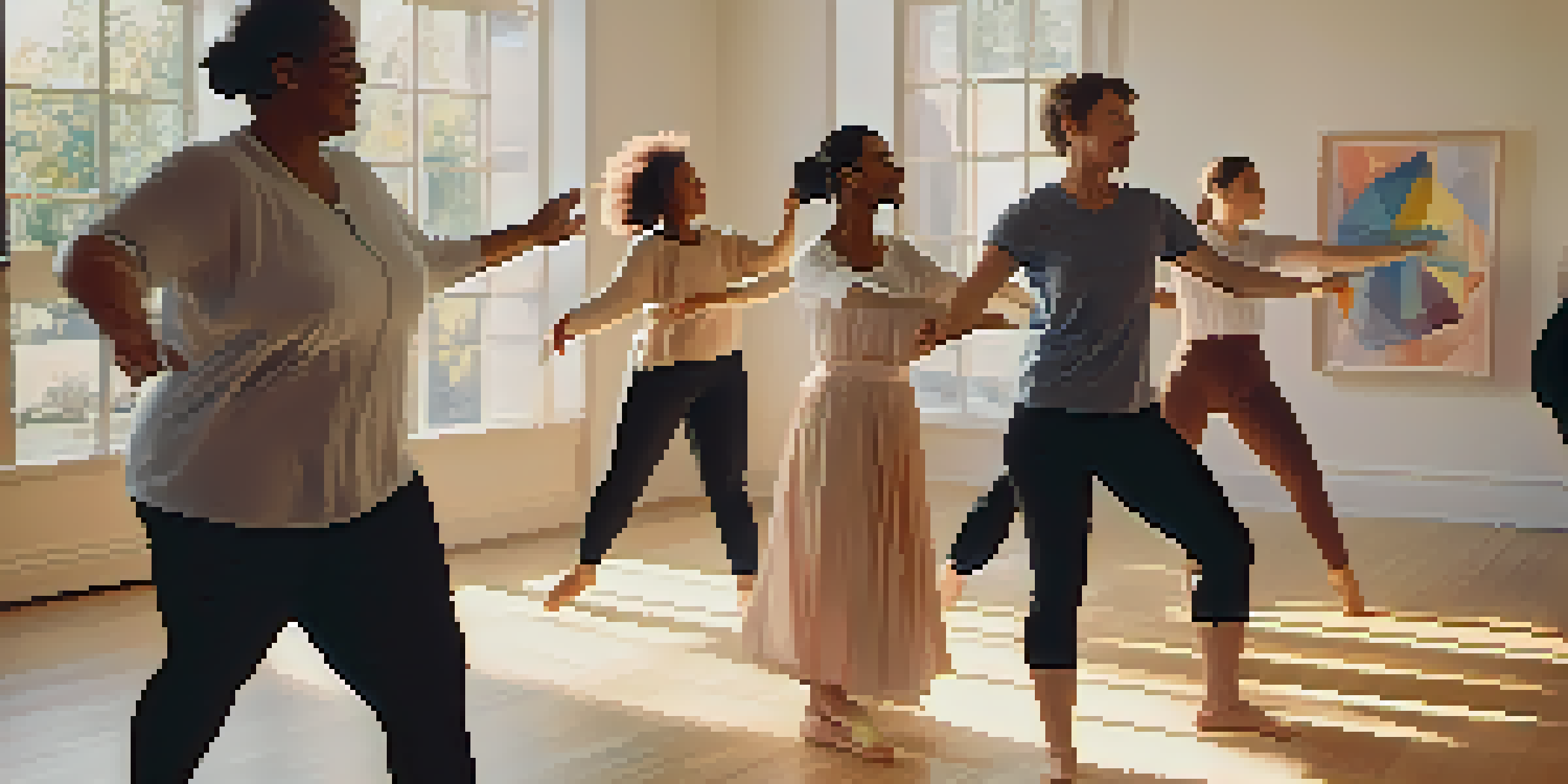 A group of adults participating in a dance therapy session in a bright, sunlit studio, expressing emotions through movement.