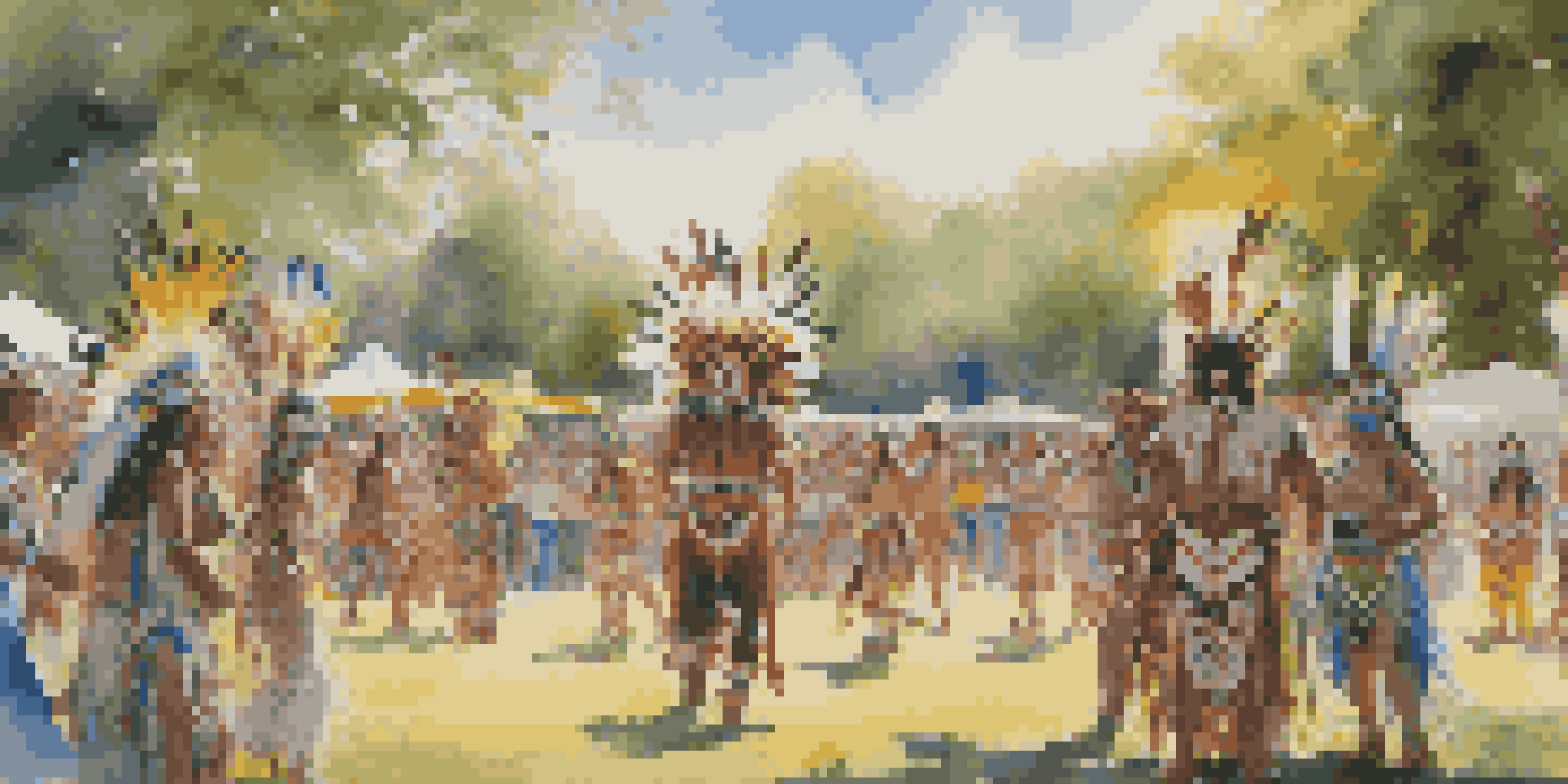 A lively Native American powwow with dancers in colorful traditional attire performing in front of an audience, surrounded by greenery and under a clear blue sky.