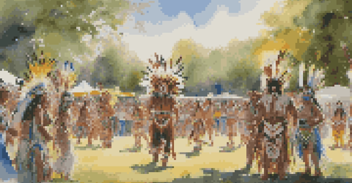 A lively Native American powwow with dancers in colorful traditional attire performing in front of an audience, surrounded by greenery and under a clear blue sky.