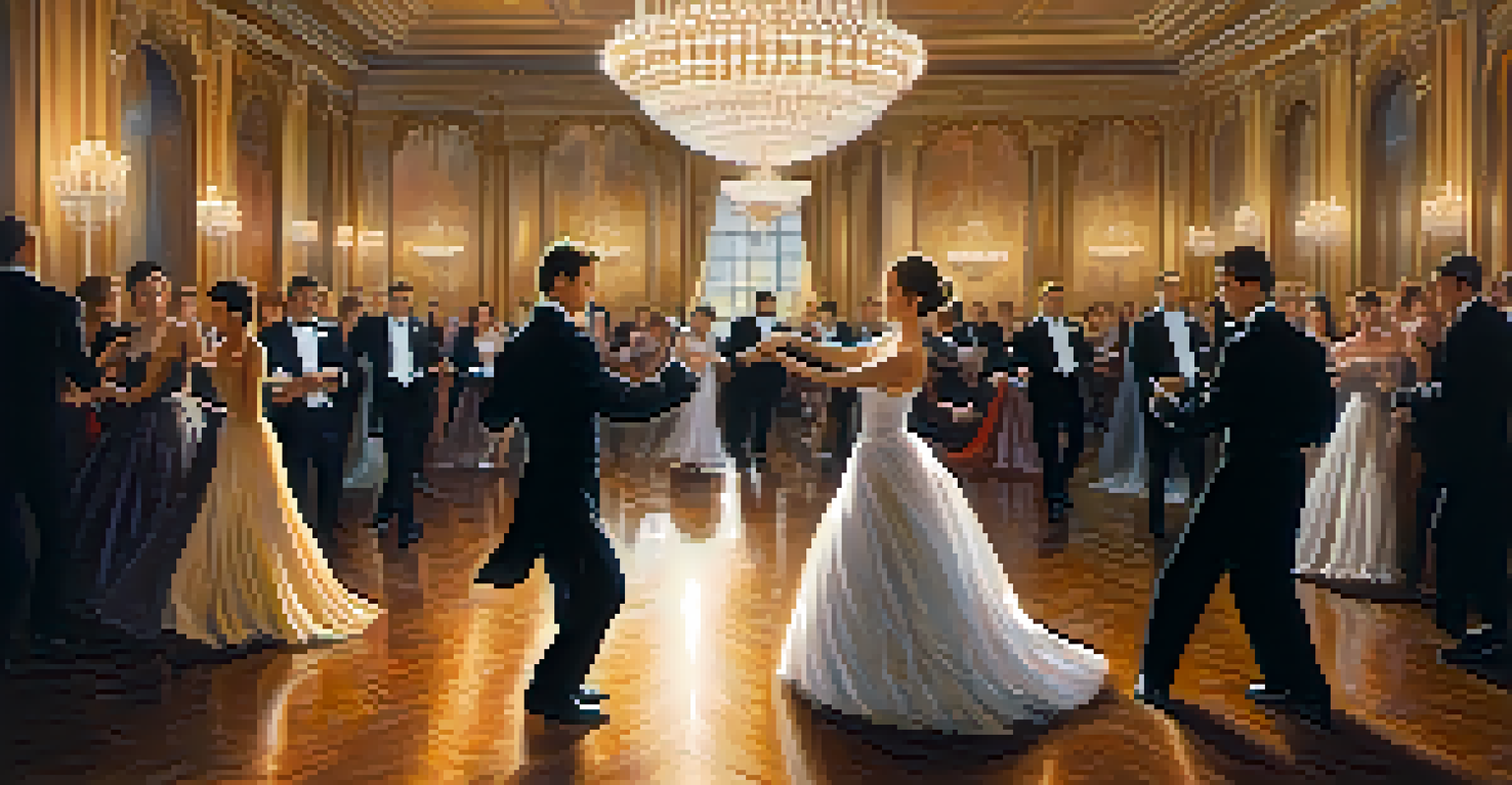 A couple dancing elegantly in a beautifully decorated ballroom with candlelight.