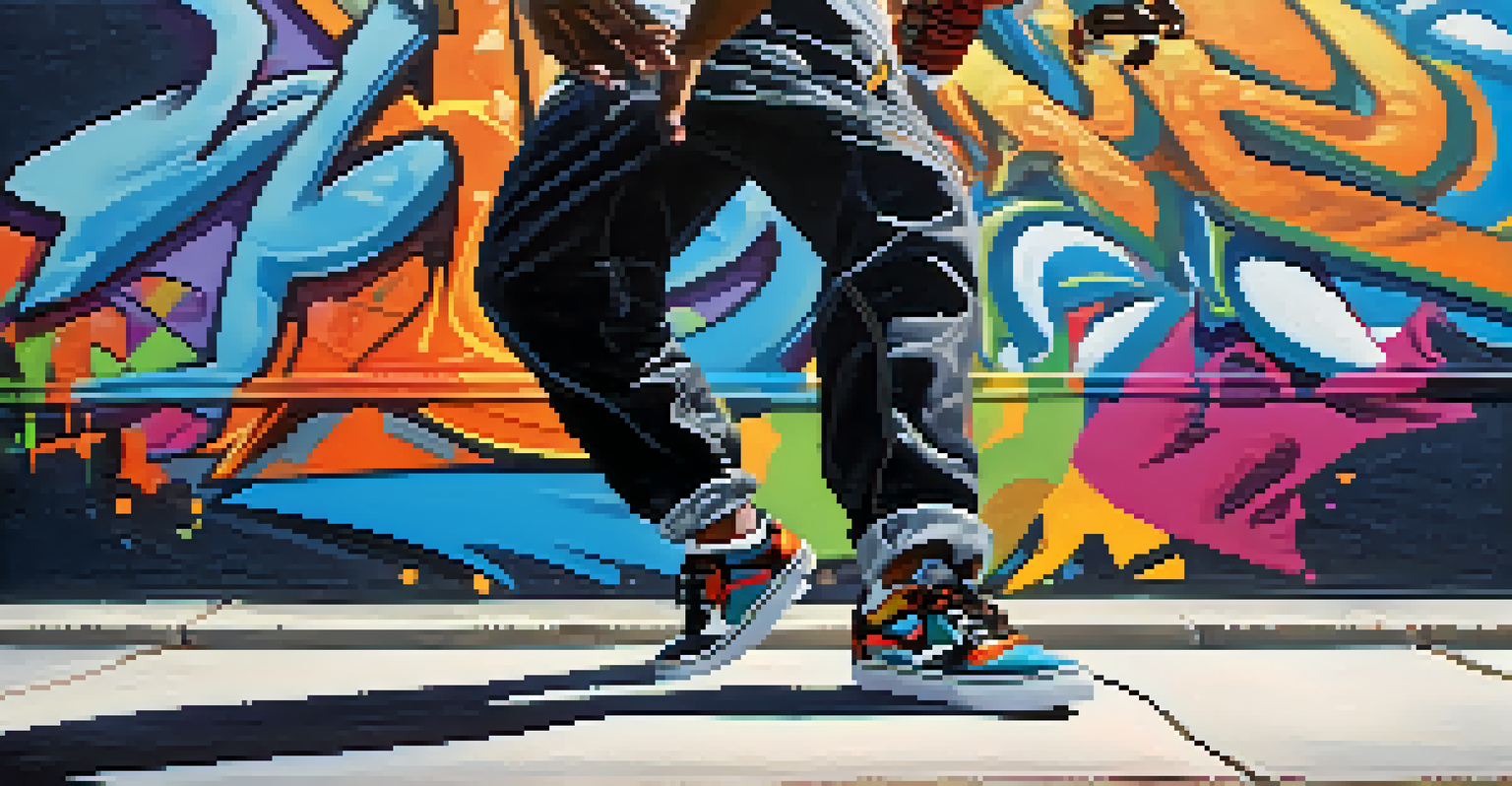 A close-up view of a breakdancer's feet performing on the street, with graffiti art behind. The vibrant sneakers and textures of the ground are vividly captured.