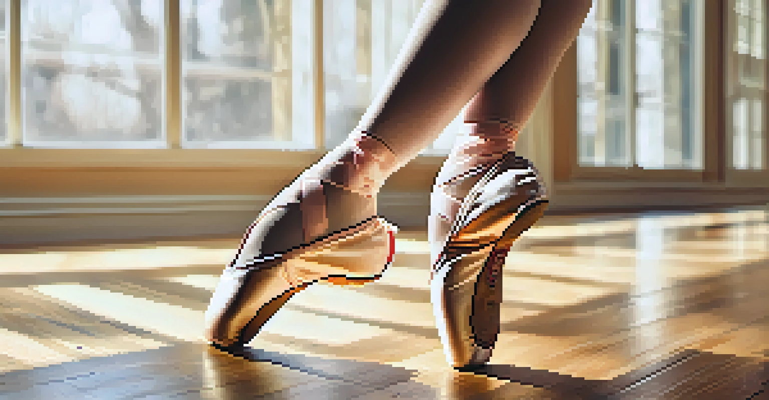 A close-up of a dancer's feet in pointe shoes on a wooden floor, with soft natural light creating a warm ambiance.