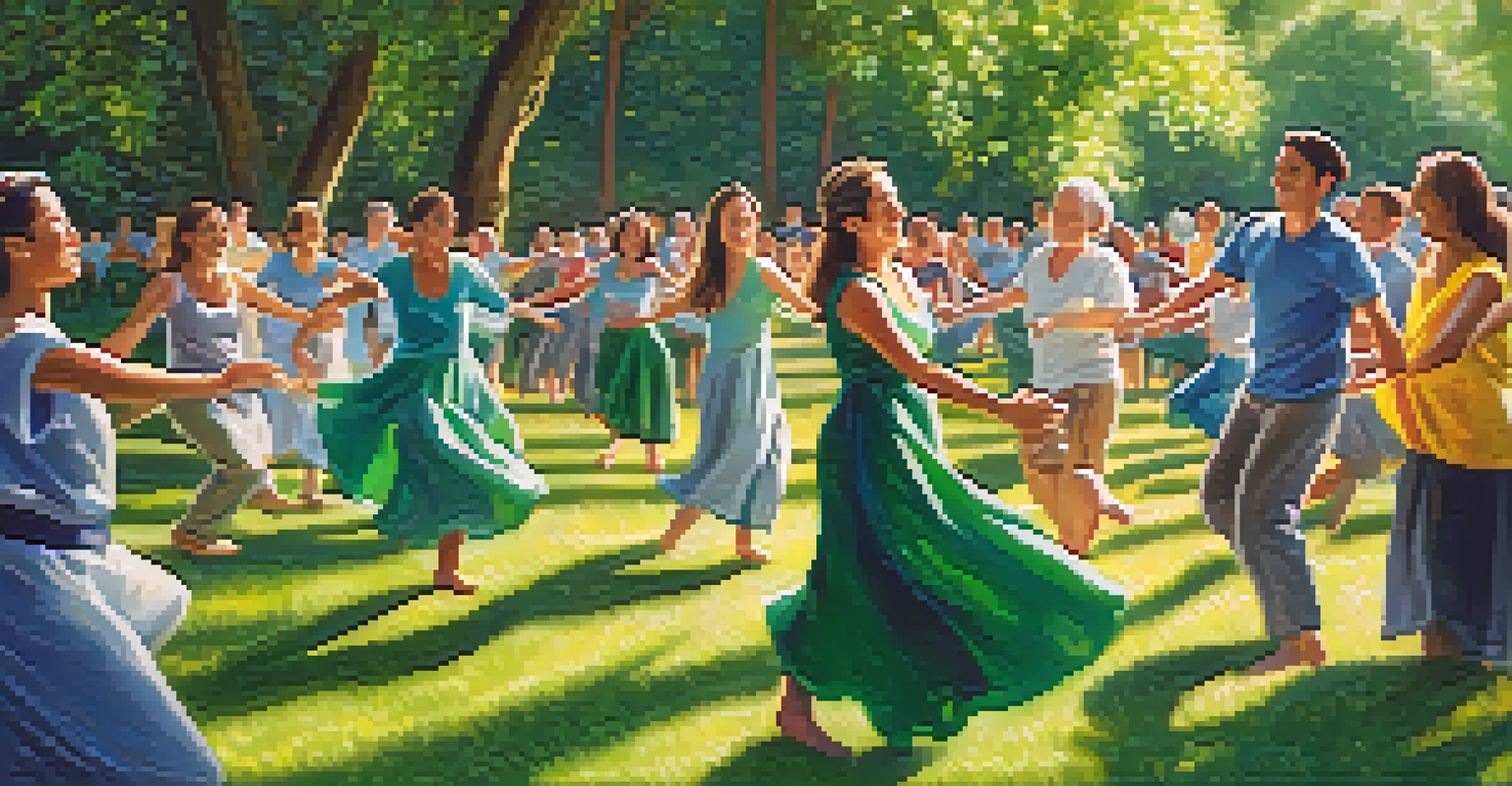 An outdoor dance therapy session in a green park, with participants of different ages moving joyfully, embodying healing and connection.