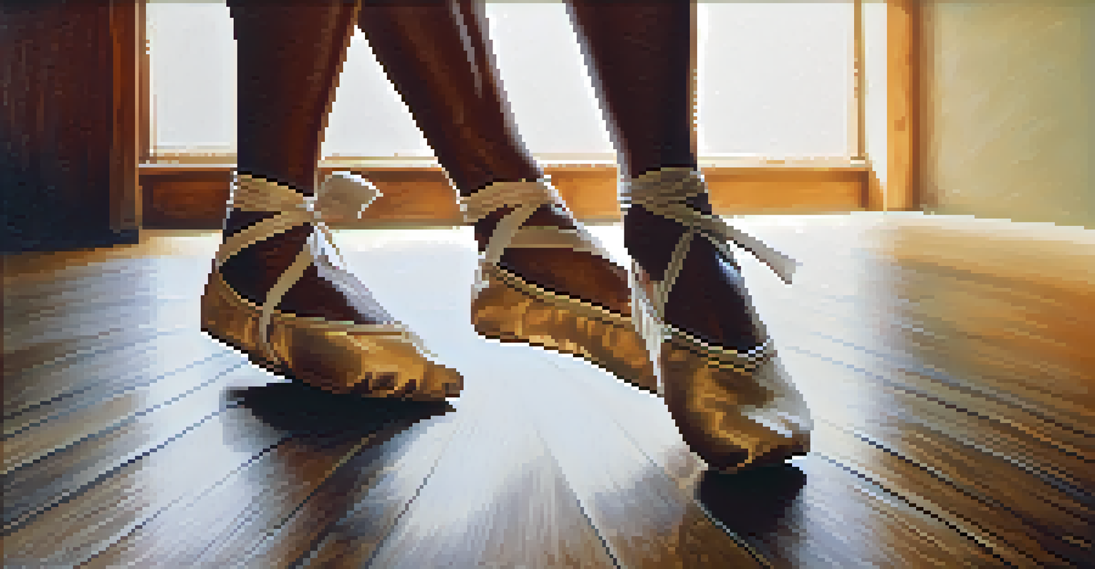 A close-up view of a dancer's feet moving energetically on a textured wooden dance floor.