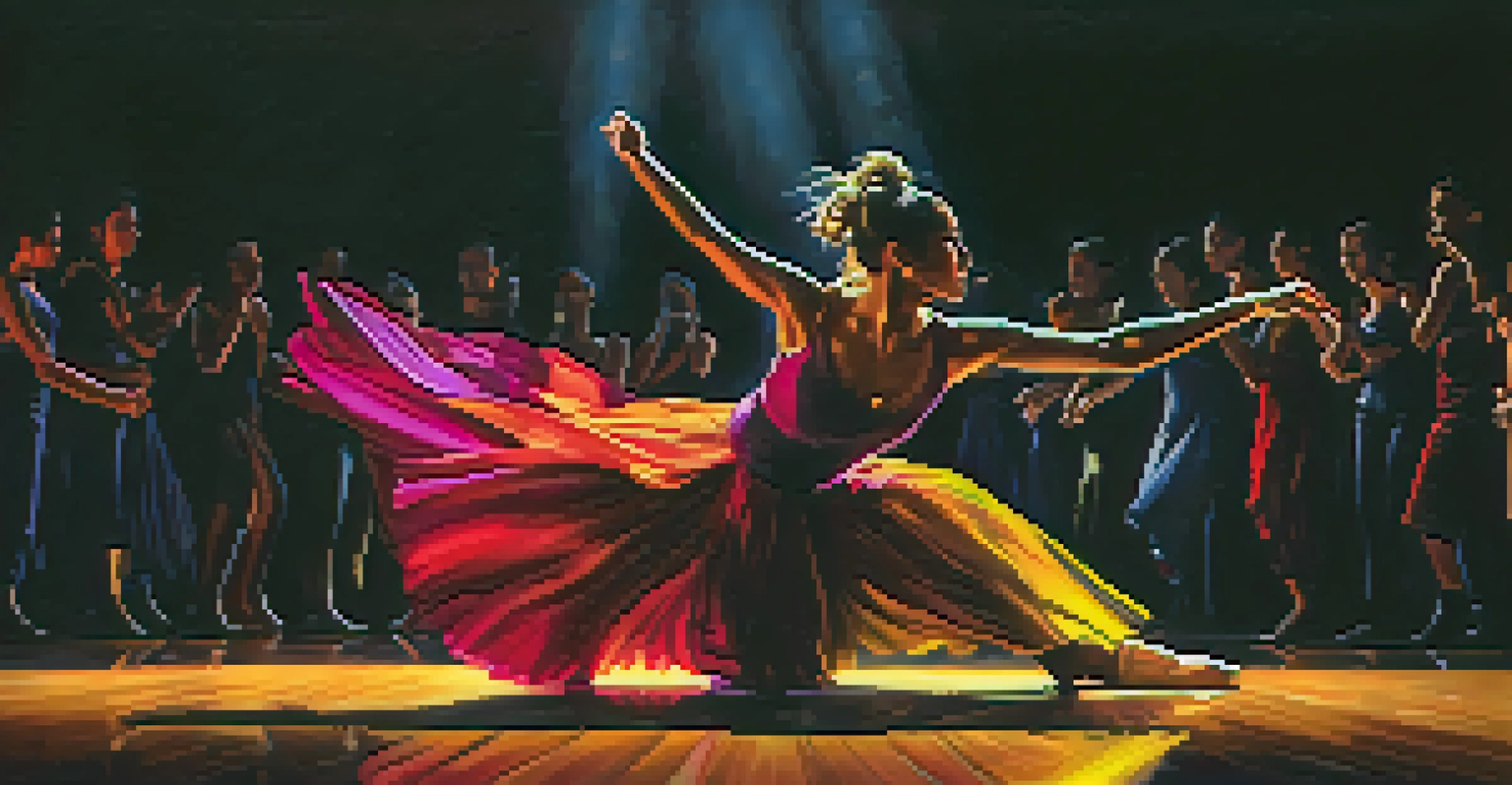 A solo modern dancer performing on a dimly lit stage, showcasing expressive movements with a colorful costume.
