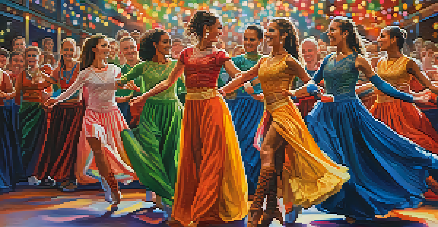 A diverse group of dancers in various costumes performing Irish dance at a lively festival, showcasing a fusion of styles.