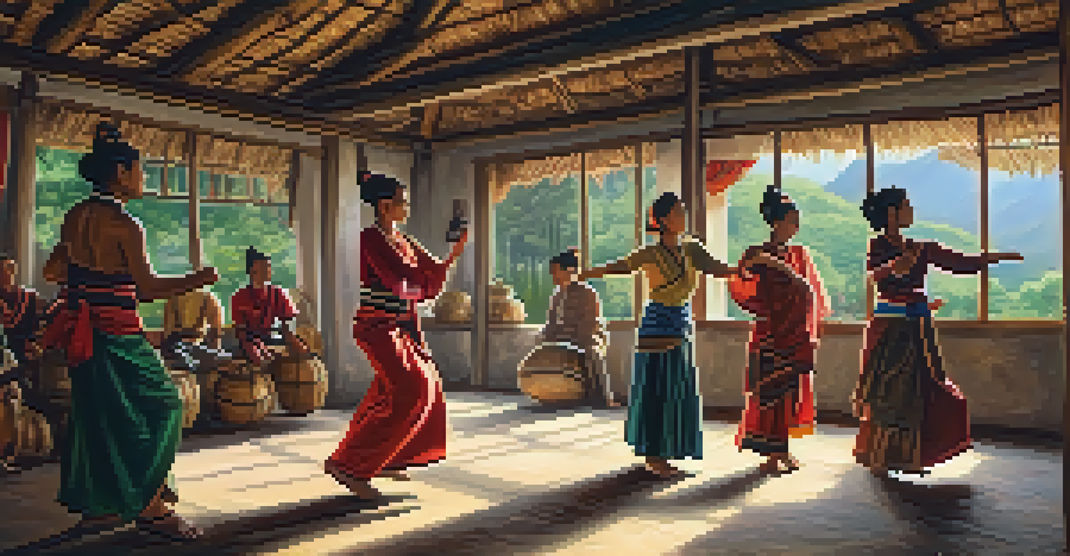 Tourists participating in a traditional dance workshop with local performers, showcasing a warm and inviting atmosphere filled with cultural decorations.