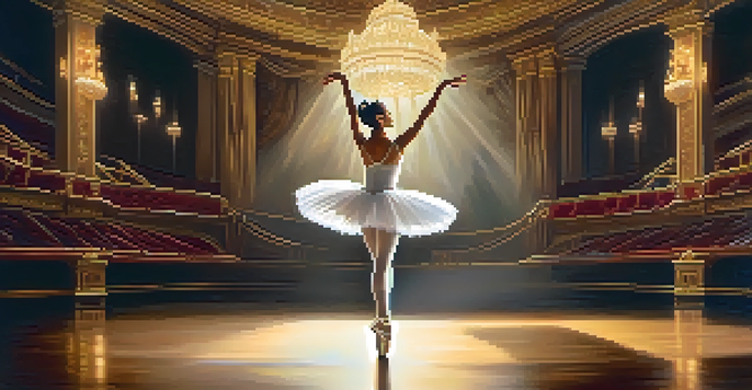 A ballet dancer performing an arabesque on stage in a white tutu, with a beautifully decorated theater in the background.