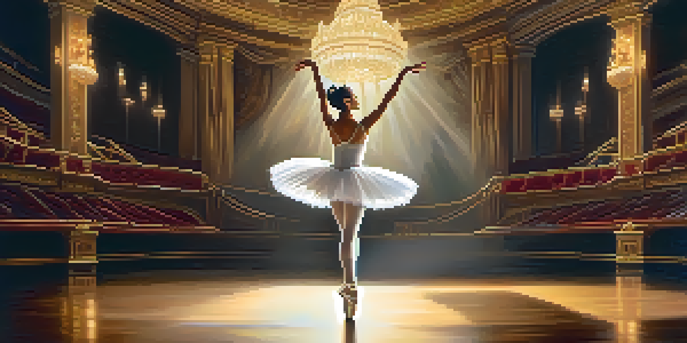 A ballet dancer performing an arabesque on stage in a white tutu, with a beautifully decorated theater in the background.