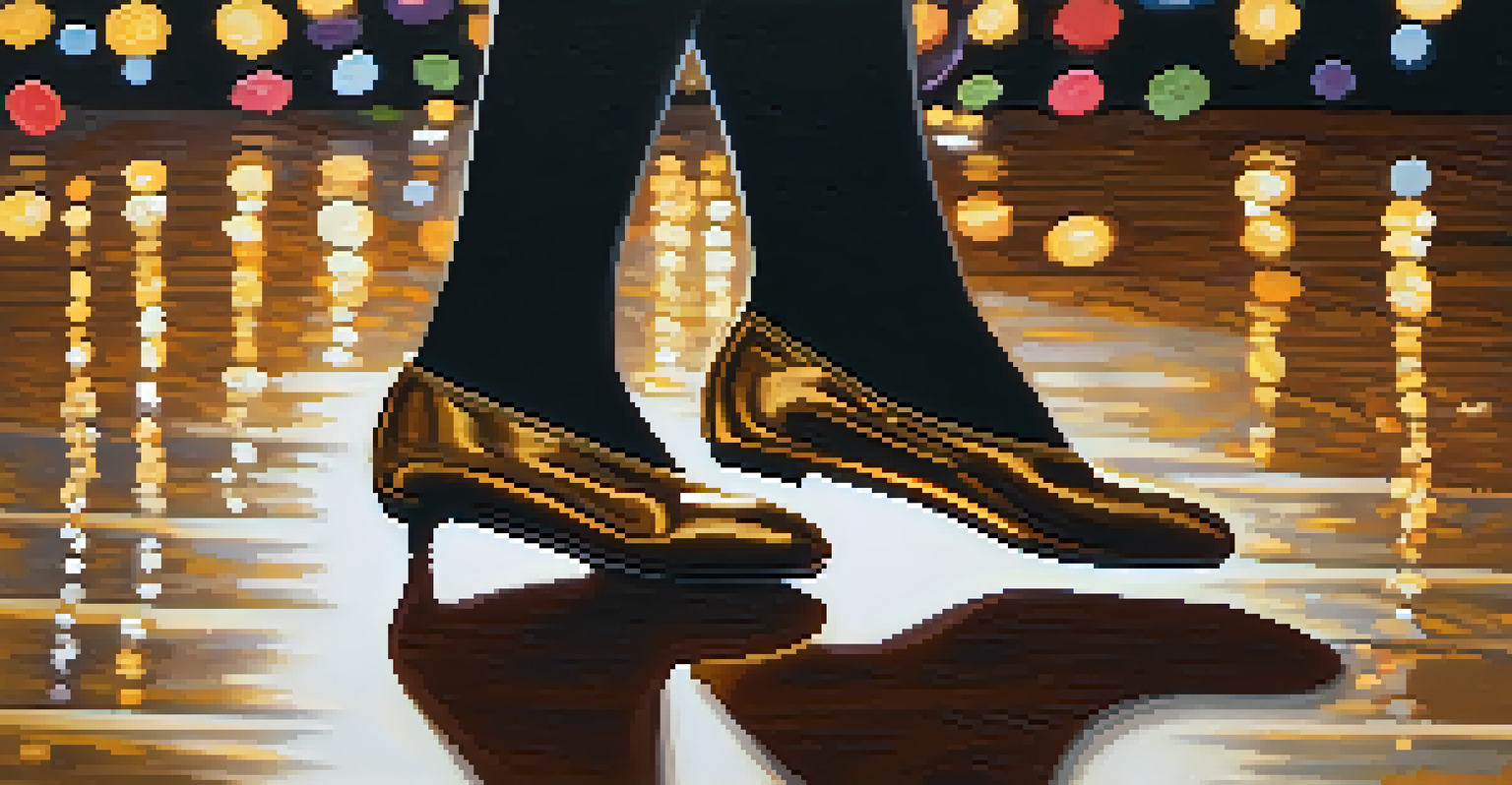 A close-up of a dancer's feet on a reflective dance floor, showcasing intricate footwork and sequined shoes.