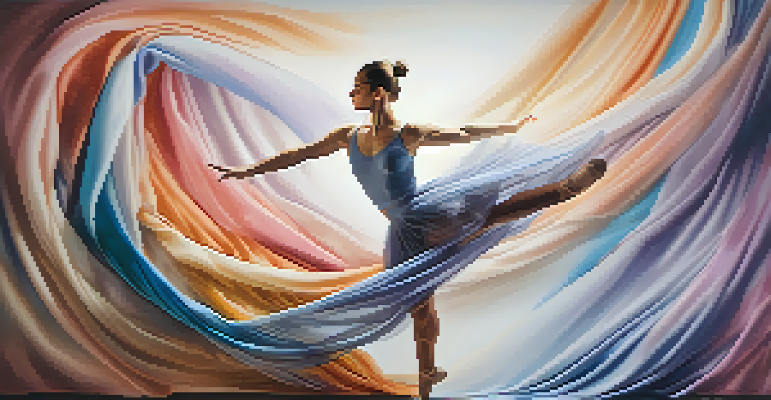 An abstract image of a ballet dancer leaping with flowing fabric, set against a colorful background representing freedom and activism.