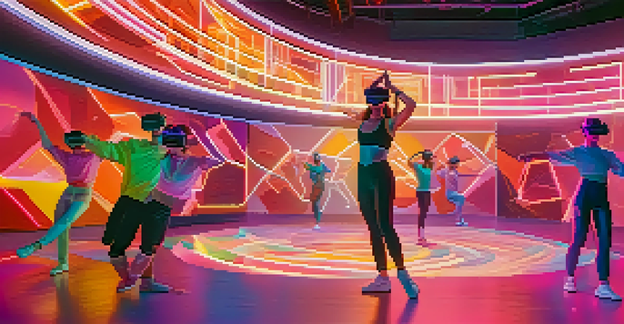 A dancer in a virtual reality setting, using VR goggles and surrounded by holographic figures, with a modern studio design and soft lighting.