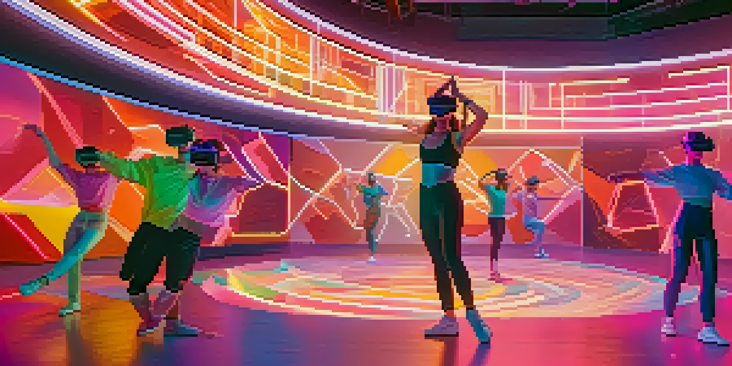 A dancer in a virtual reality setting, using VR goggles and surrounded by holographic figures, with a modern studio design and soft lighting.