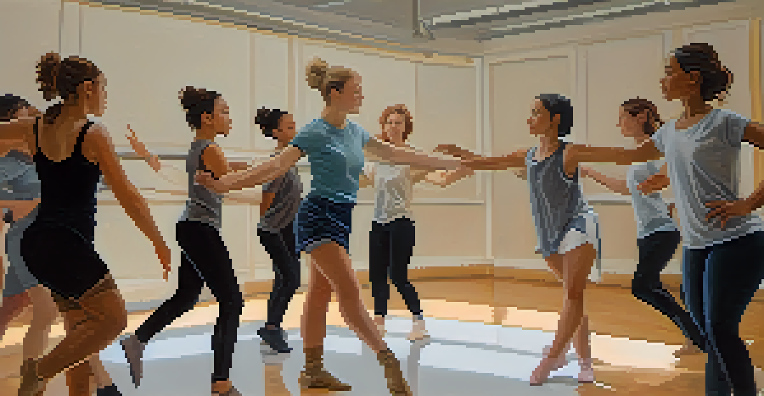 A dance educator demonstrating choreography to a diverse group of students in a rehearsal space, emphasizing inclusive teaching methods.