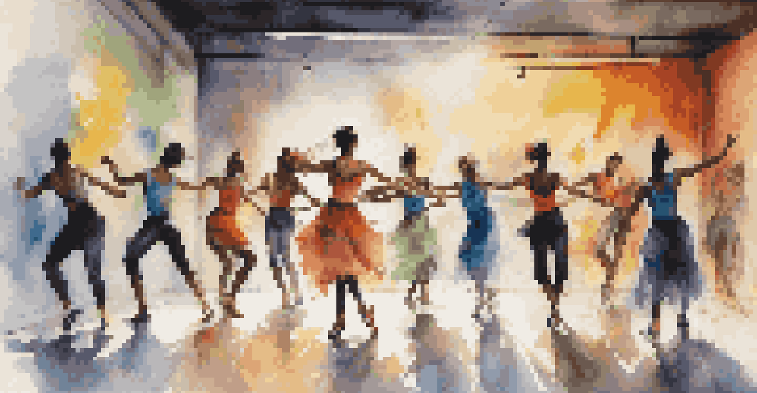 Dancers rehearsing contemporary dance in an urban environment, showcasing fluid movements and colorful costumes.