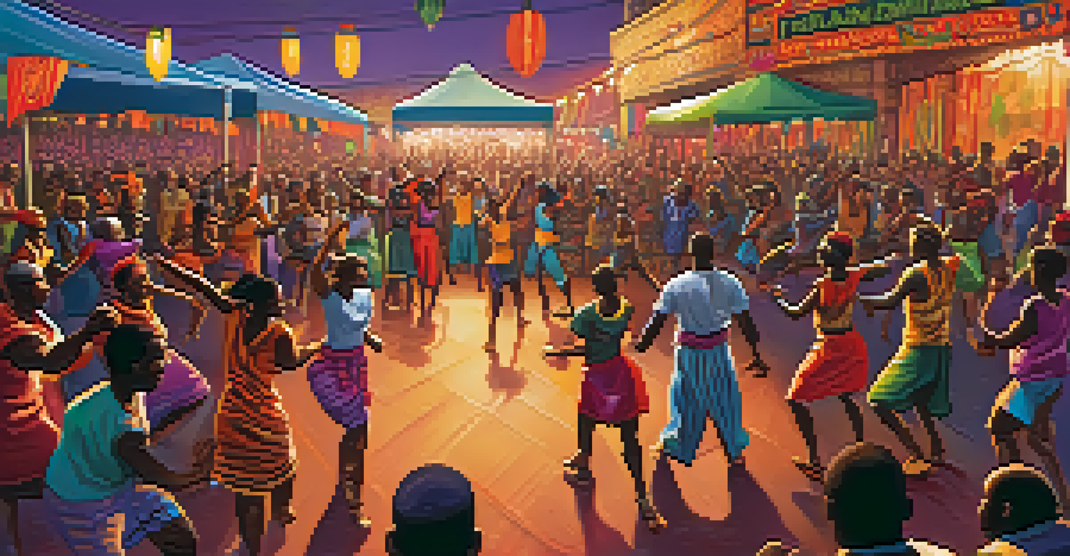 An African dance festival with performers on stage and an engaged audience, surrounded by colorful decorations and bright lights.