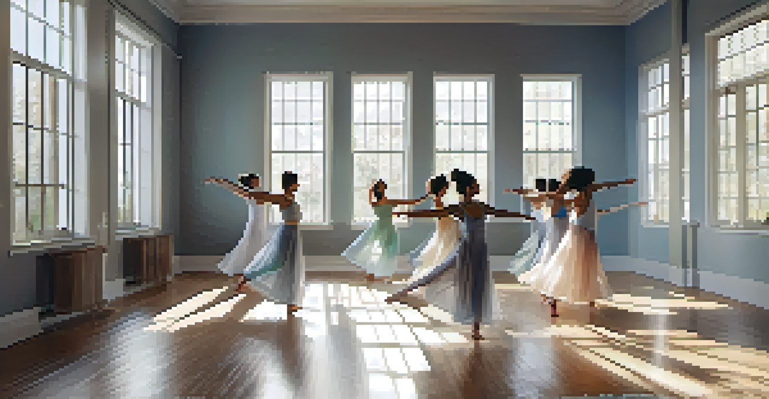 A calming dance therapy session with individuals expressing themselves through movement in a tranquil studio.