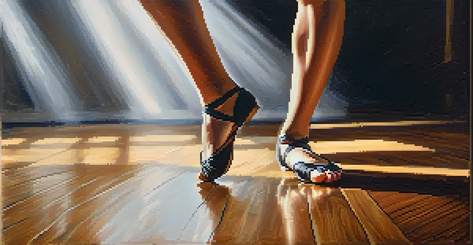 A close-up of a dancer's feet in motion on a wooden floor, highlighting the texture and movement.