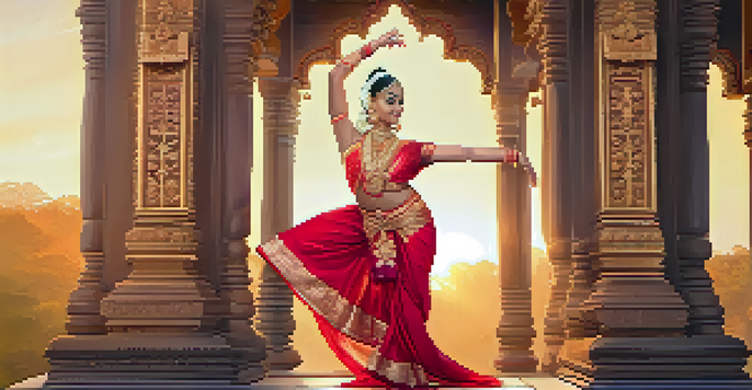 A Bharatanatyam dancer in a red and gold costume performing in front of a carved temple at sunset.