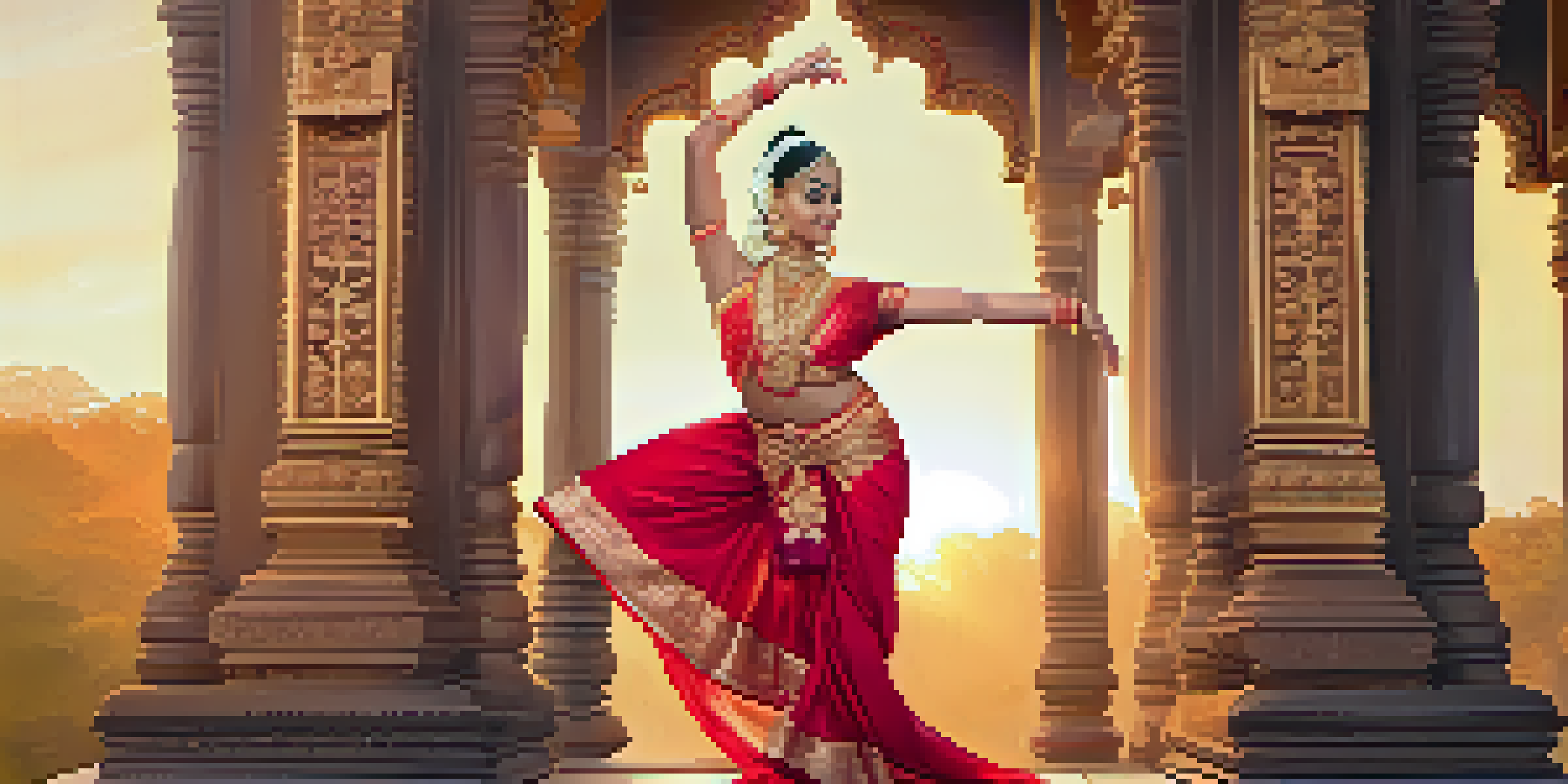 A Bharatanatyam dancer in a red and gold costume performing in front of a carved temple at sunset.