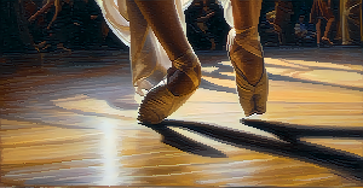 A close-up of a dancer's feet in motion on a wooden floor, capturing the elegance of dance and the energy of movement in the background.